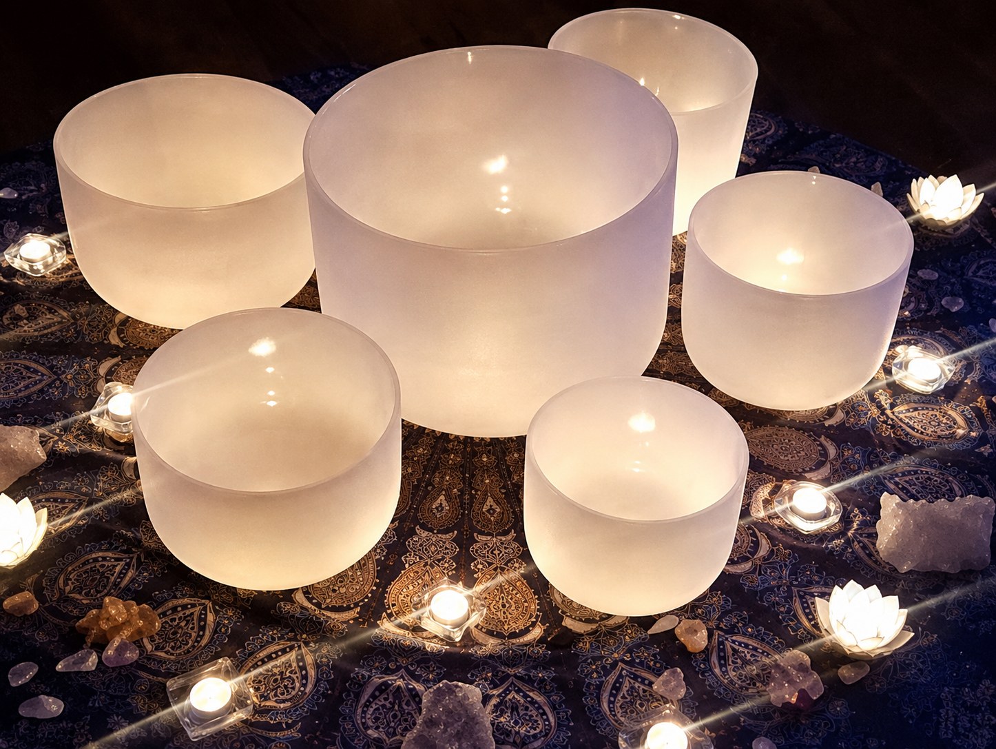 Crystal singing bowls ringed by candlelight on a patterned cloth