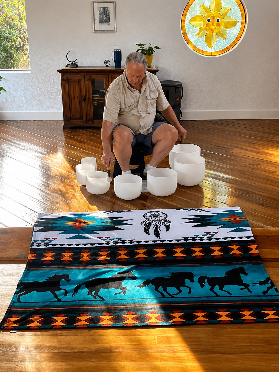 Randy seated at his ring of crystal singing bowls